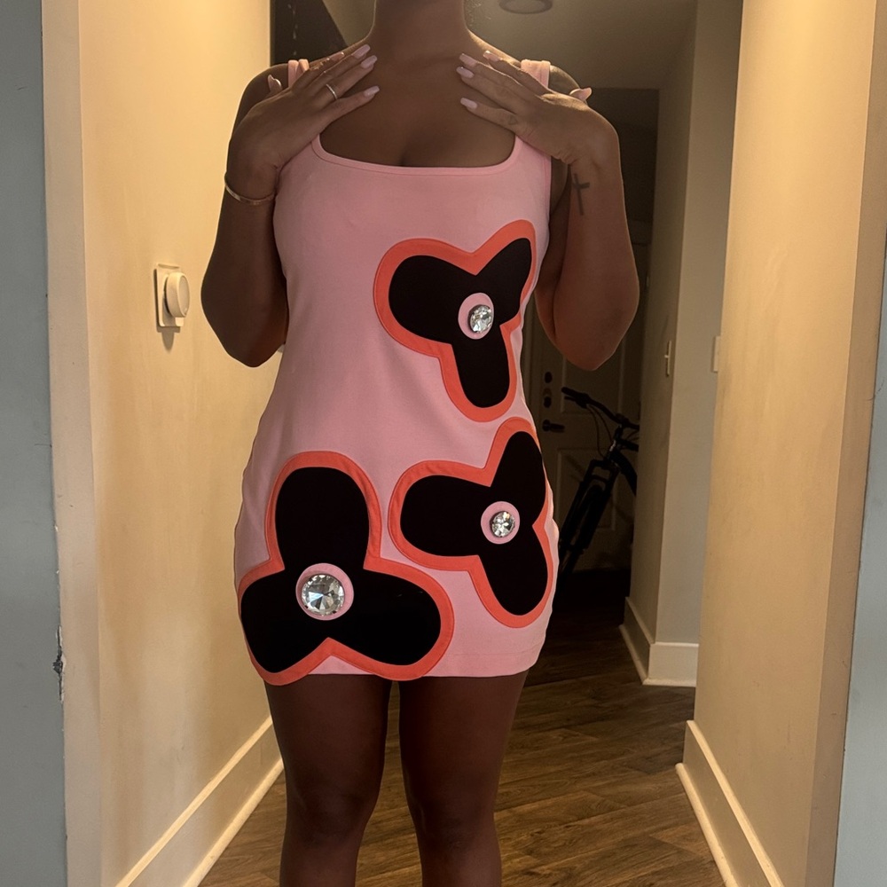 AREA Pink Mini Dress with Black and Orange Floral Design